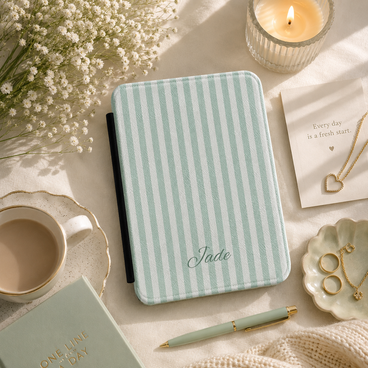 Personalized Sage Stripe Kindle Case — Debossed Name