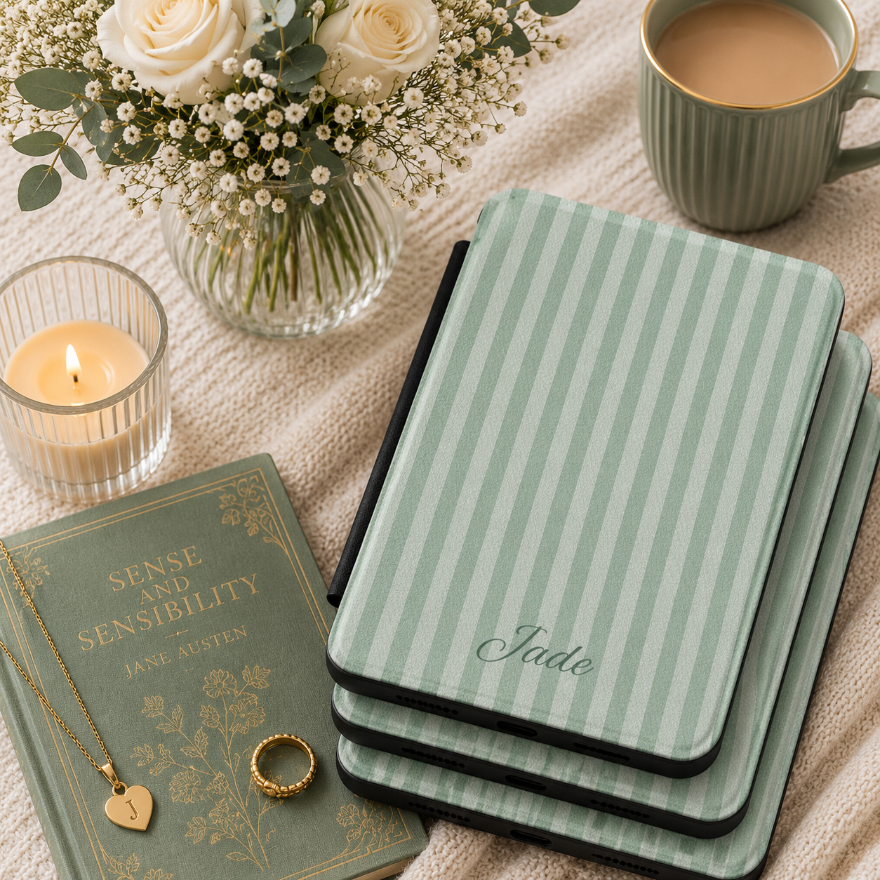 Personalized Sage Stripe Kindle Case — Debossed Name
