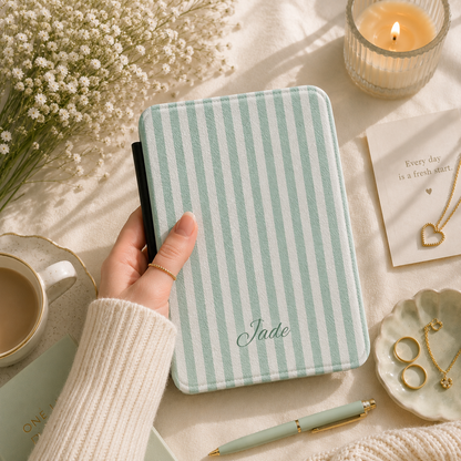 Personalized Sage Stripe Kindle Case — Debossed Name