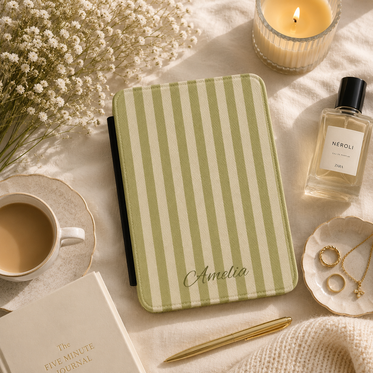 Personalized Olive Stripe Kindle Case — Debossed Name