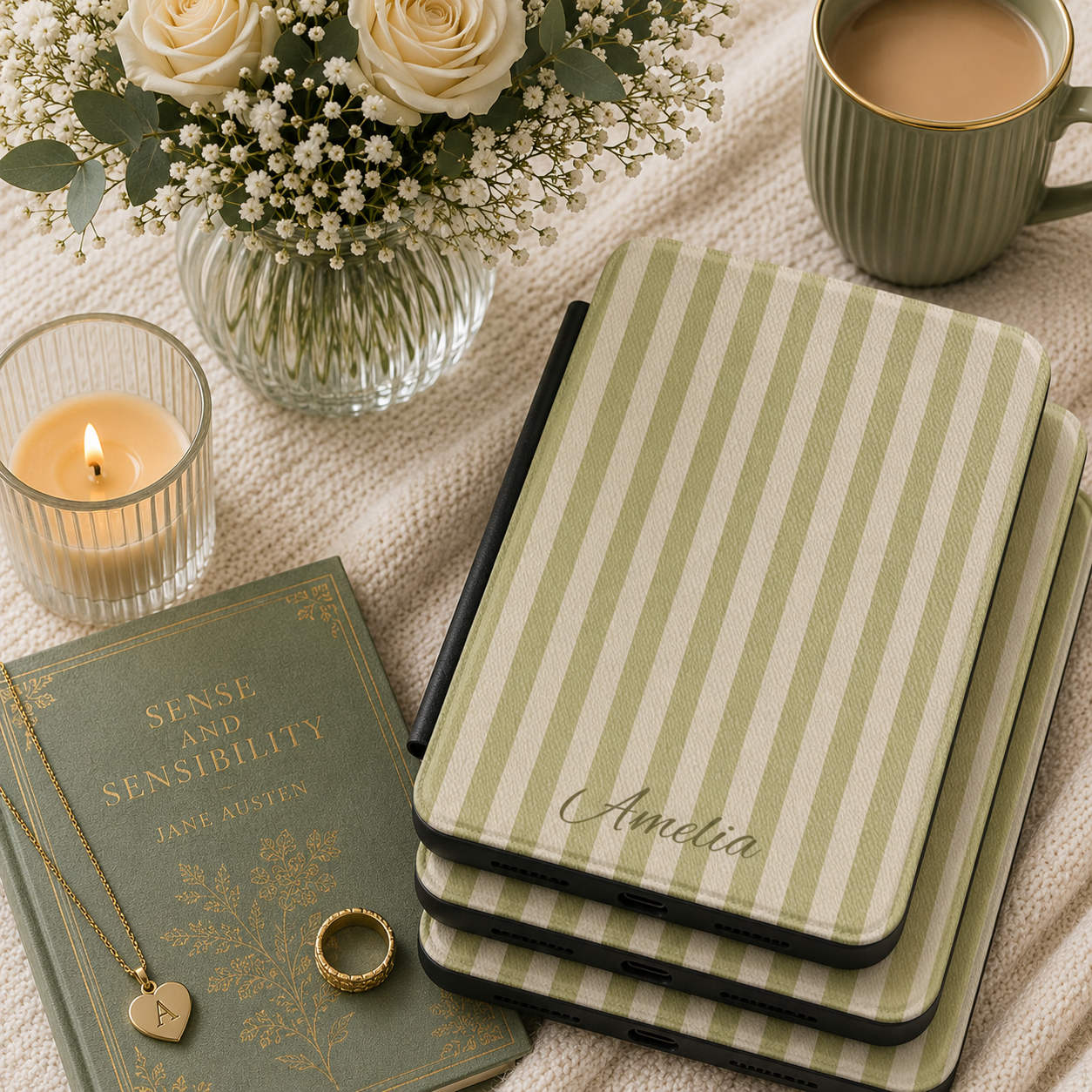 Personalized Olive Stripe Kindle Case — Debossed Name