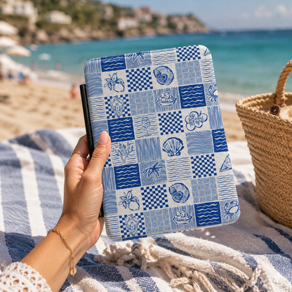 Mediterranean Block Print Kindle Case — Blue Tile Collage