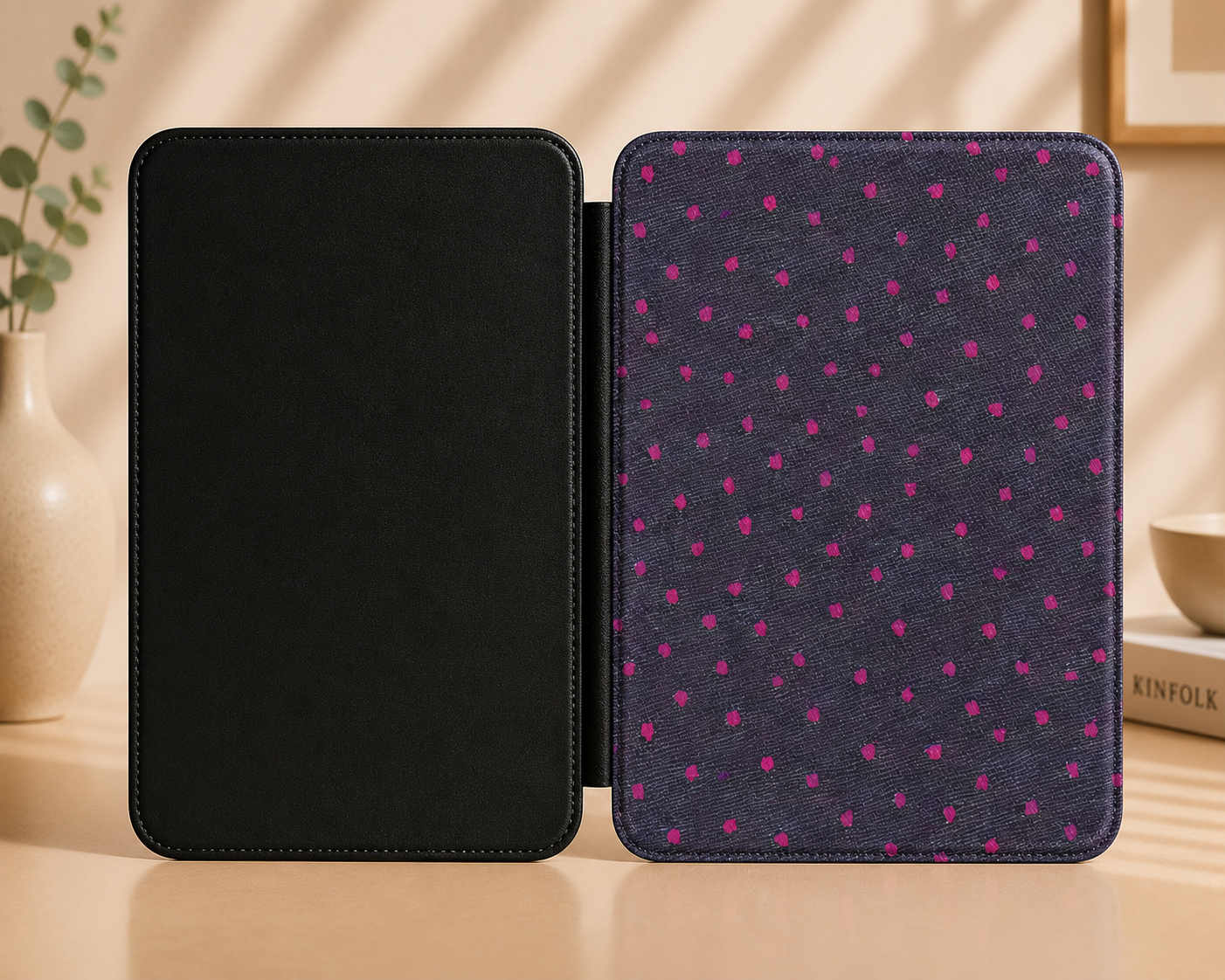 Painted Magenta Dots Kindle Case — Charcoal Brushstroke Print
