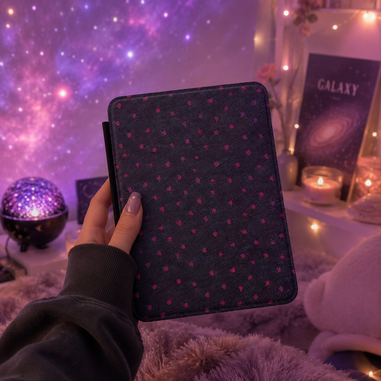 Painted Magenta Dots Kindle Case — Charcoal Brushstroke Print