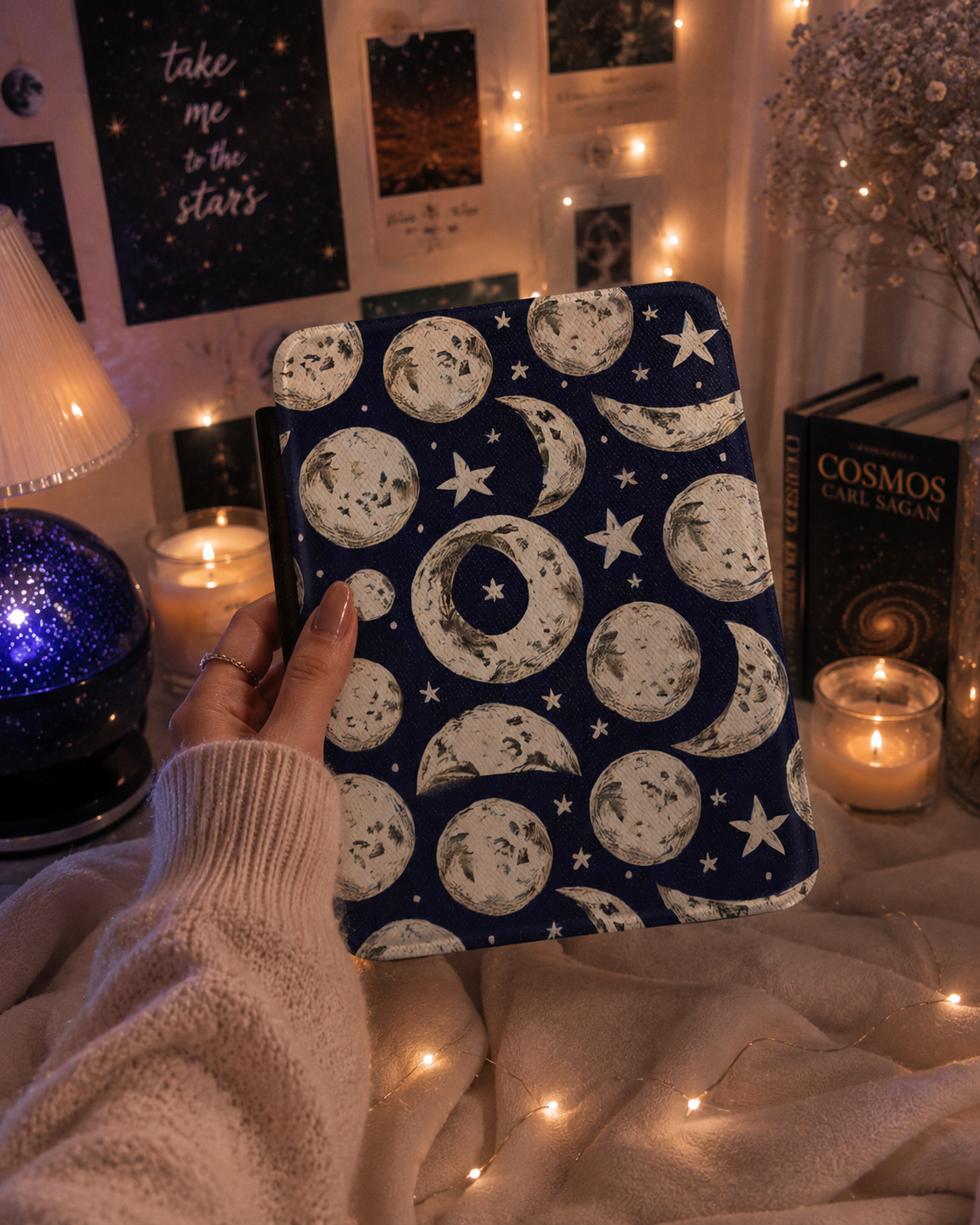 Moon Phases Kindle Case — Vintage Navy Celestial Print