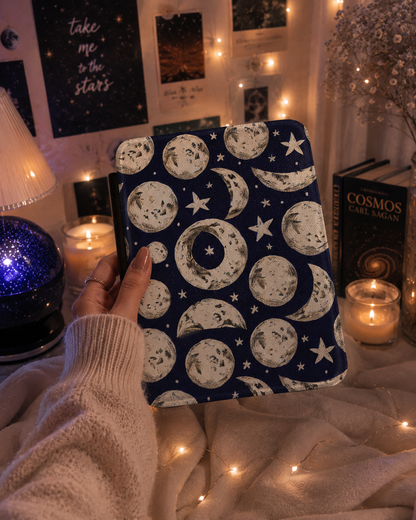 Moon Phases Kindle Case — Vintage Navy Celestial Print