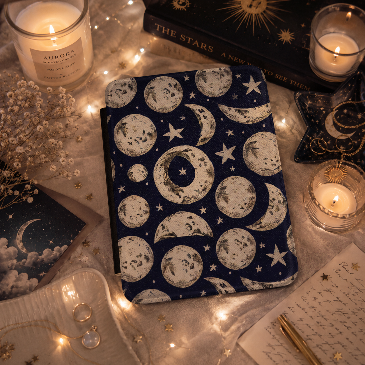 Moon Phases Kindle Case — Vintage Navy Celestial Print