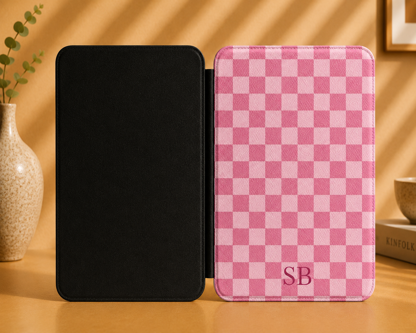 Personalised Pink Gingham Kindle Case — Custom Initials