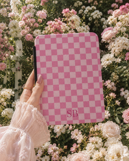 Personalised Pink Gingham Kindle Case — Custom Initials