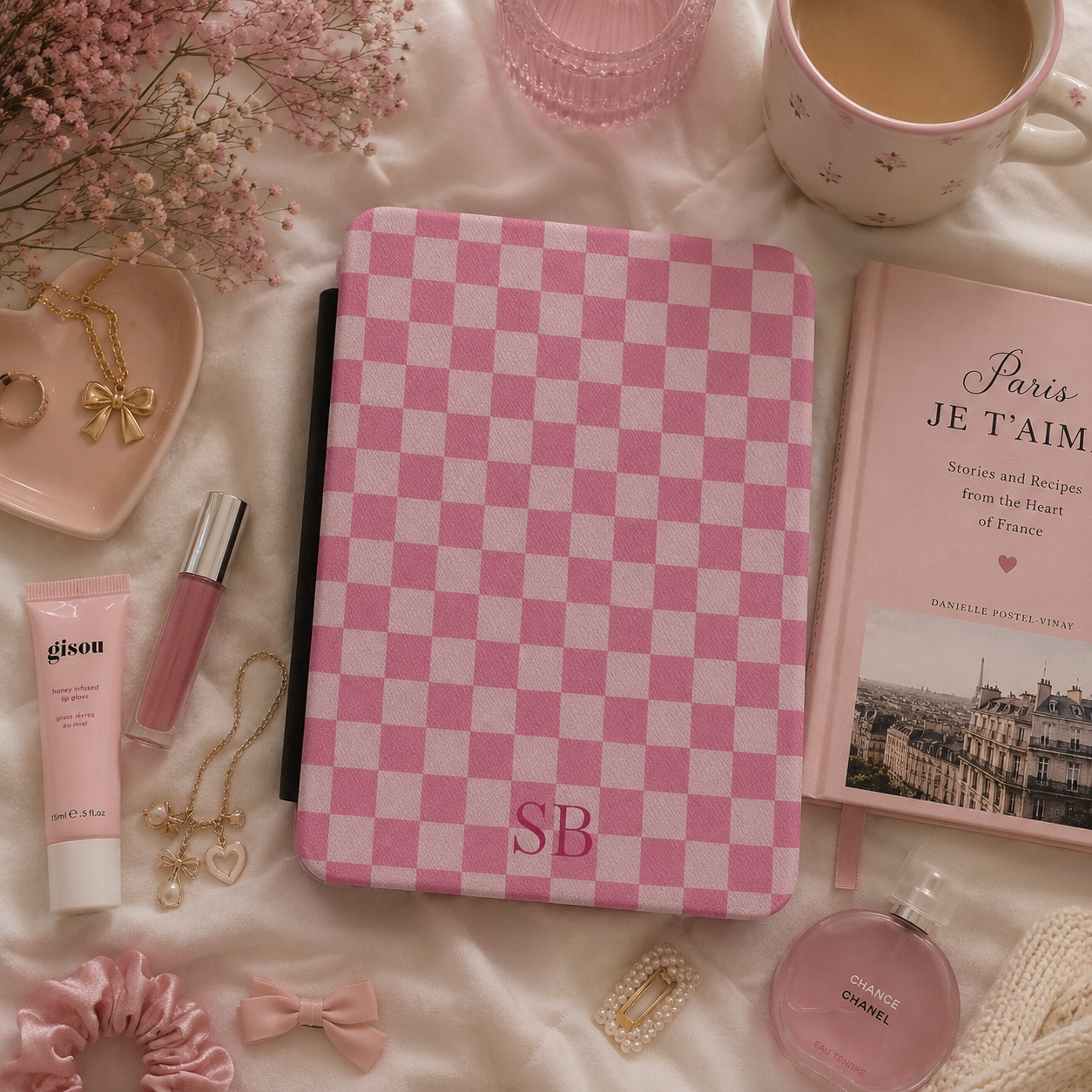 Personalised Pink Gingham Kindle Case — Custom Initials