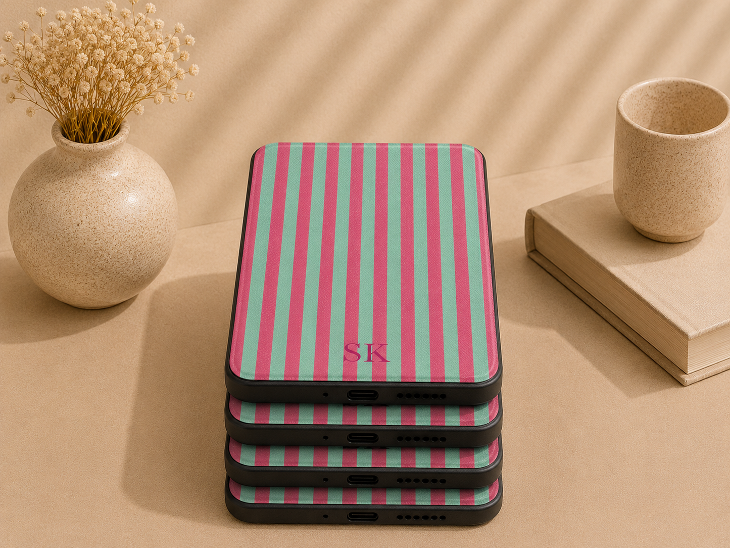 Personalised Pink & Sage Stripe Kindle Case — Custom Initials