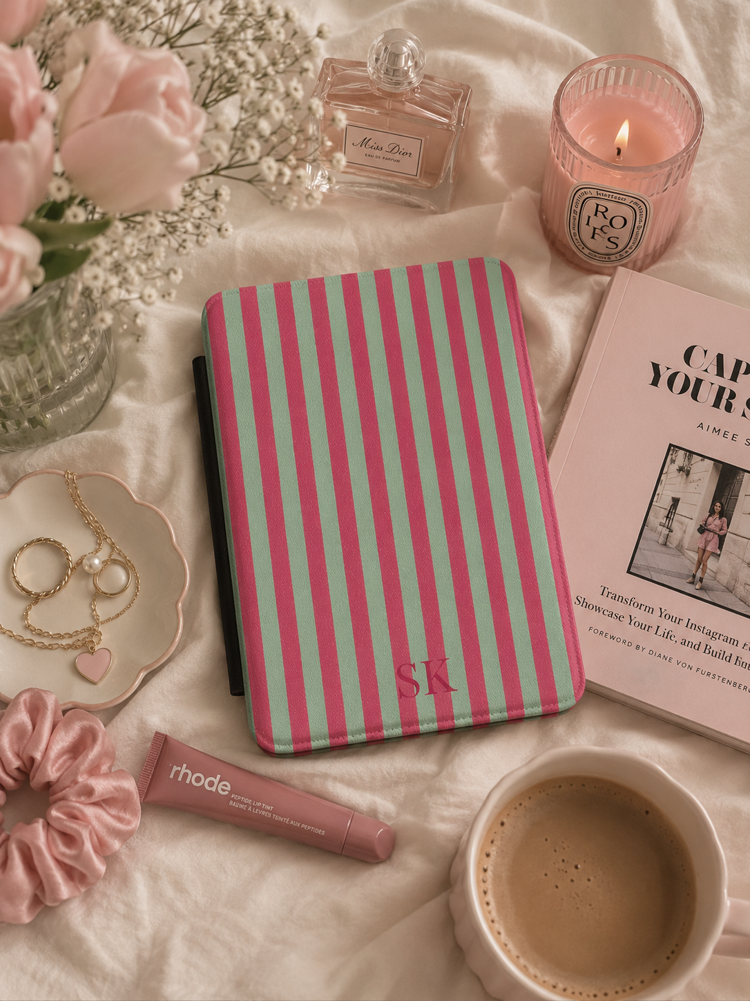 Personalised Pink & Sage Stripe Kindle Case — Custom Initials