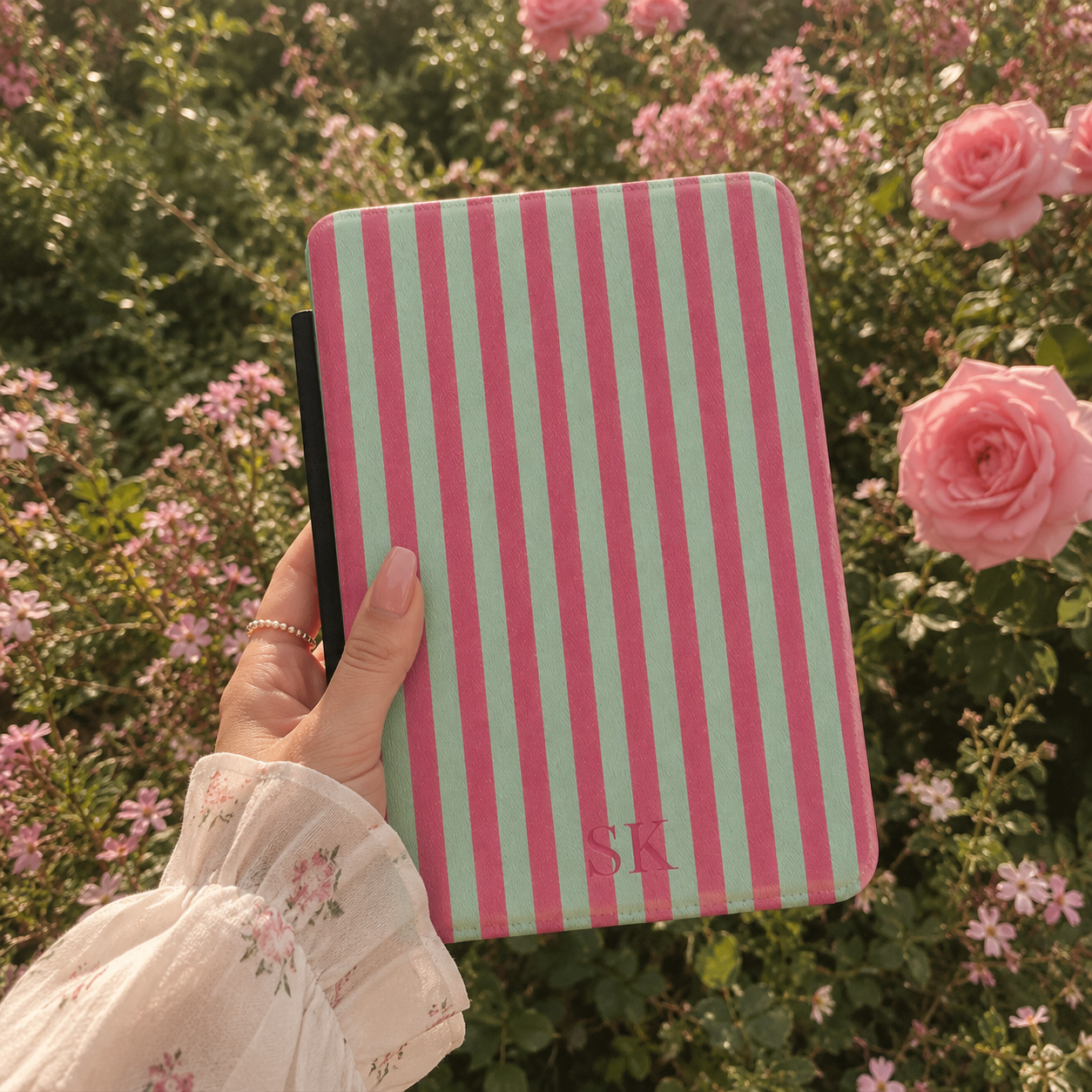 Personalised Pink & Sage Stripe Kindle Case — Custom Initials