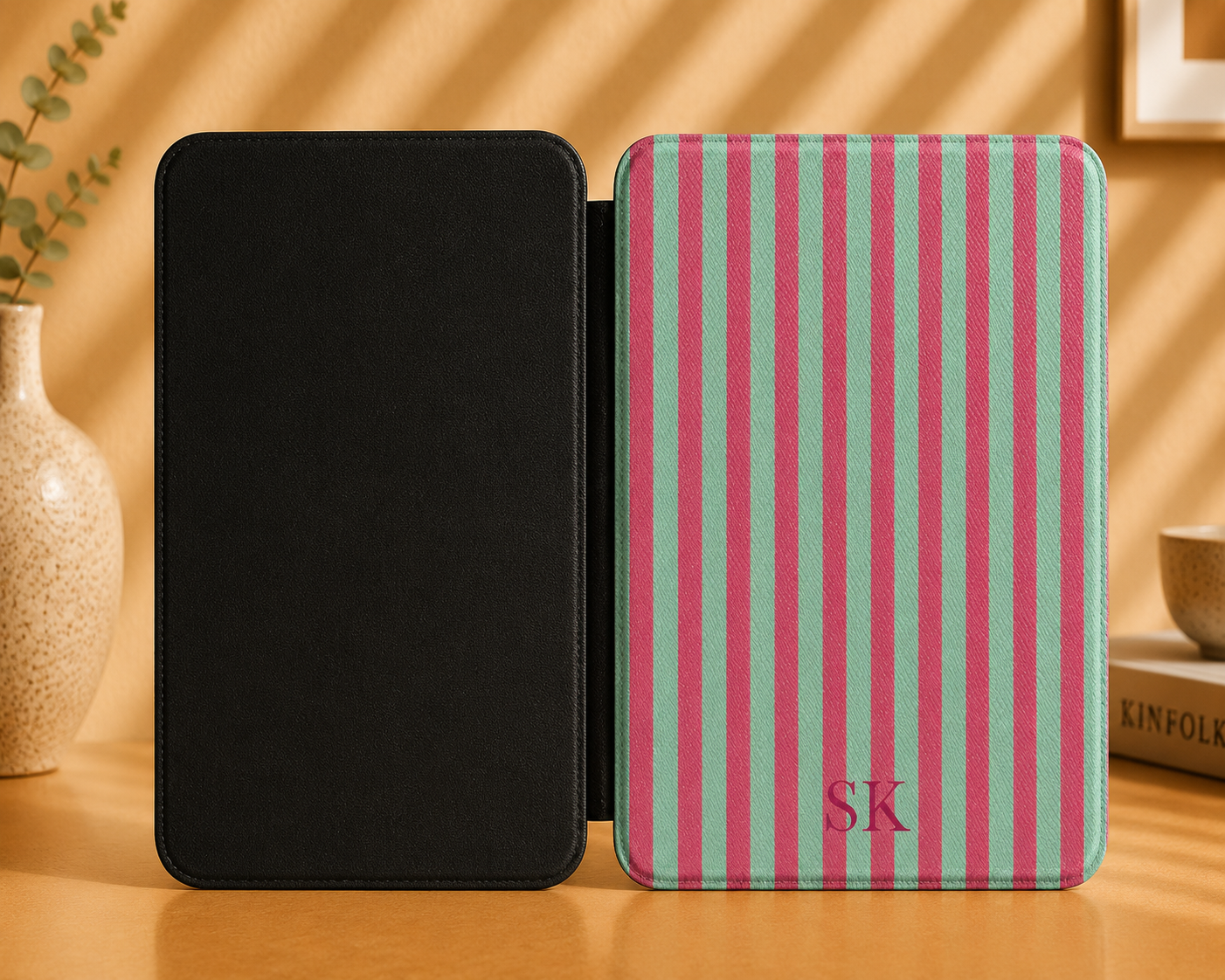 Personalised Pink & Sage Stripe Kindle Case — Custom Initials
