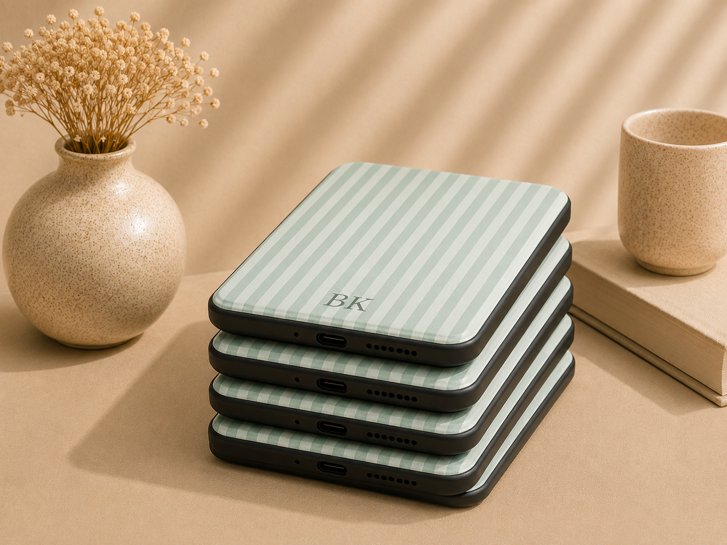 Personalised Sage Stripe Kindle Case — Custom Initials