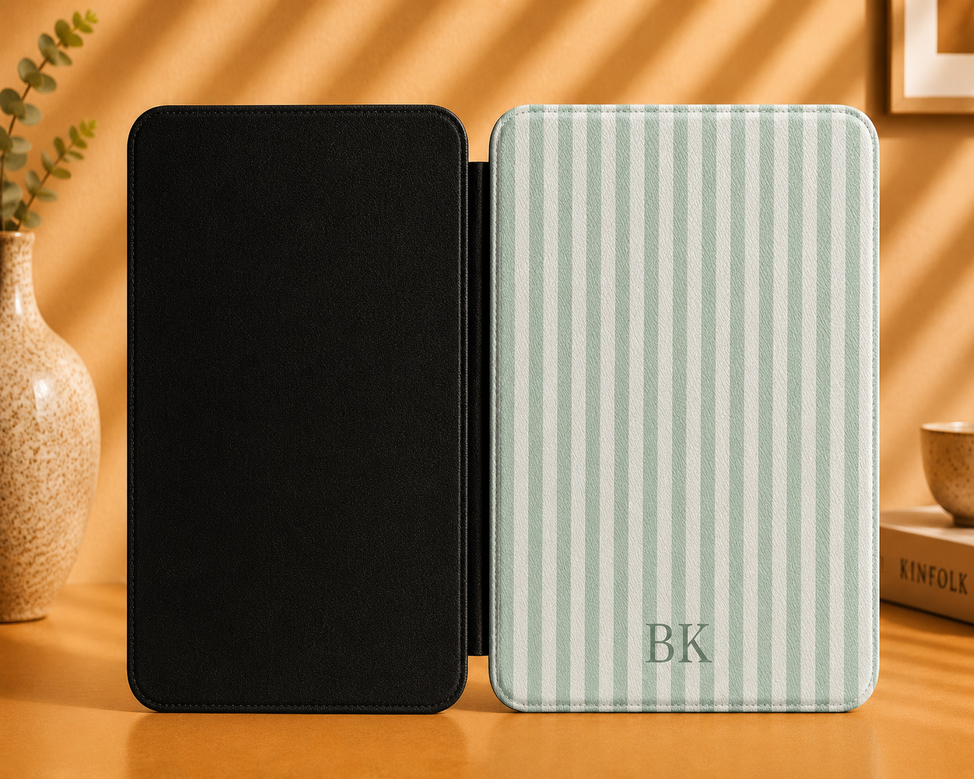 Personalised Sage Stripe Kindle Case — Custom Initials