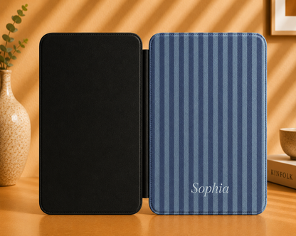 Personalised Blue Stripe Name Kindle Case — Custom Name