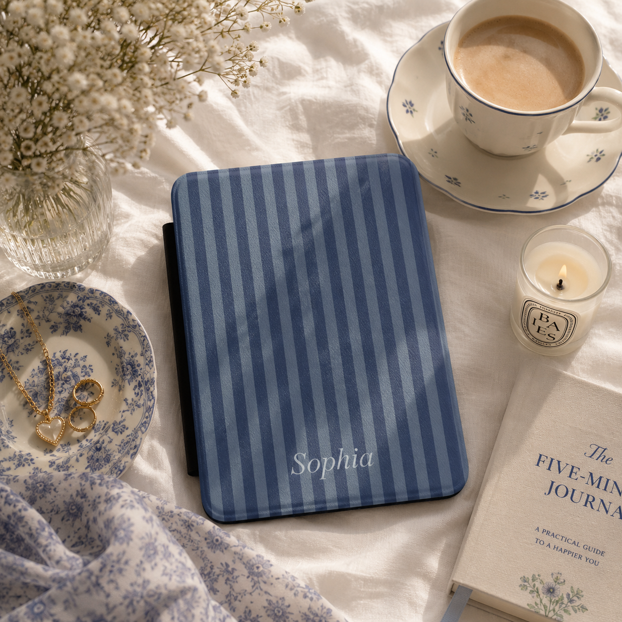 Personalised Blue Stripe Name Kindle Case — Custom Name