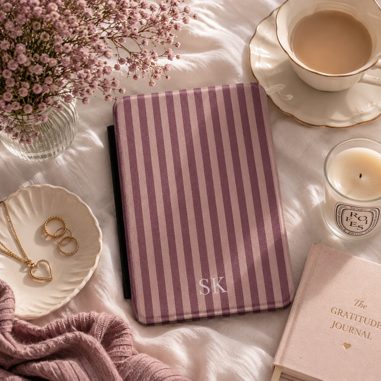 Personalised Mauve Stripe Kindle Case — Custom Initials