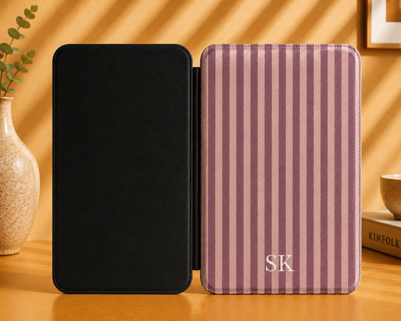 Personalised Mauve Stripe Kindle Case — Custom Initials