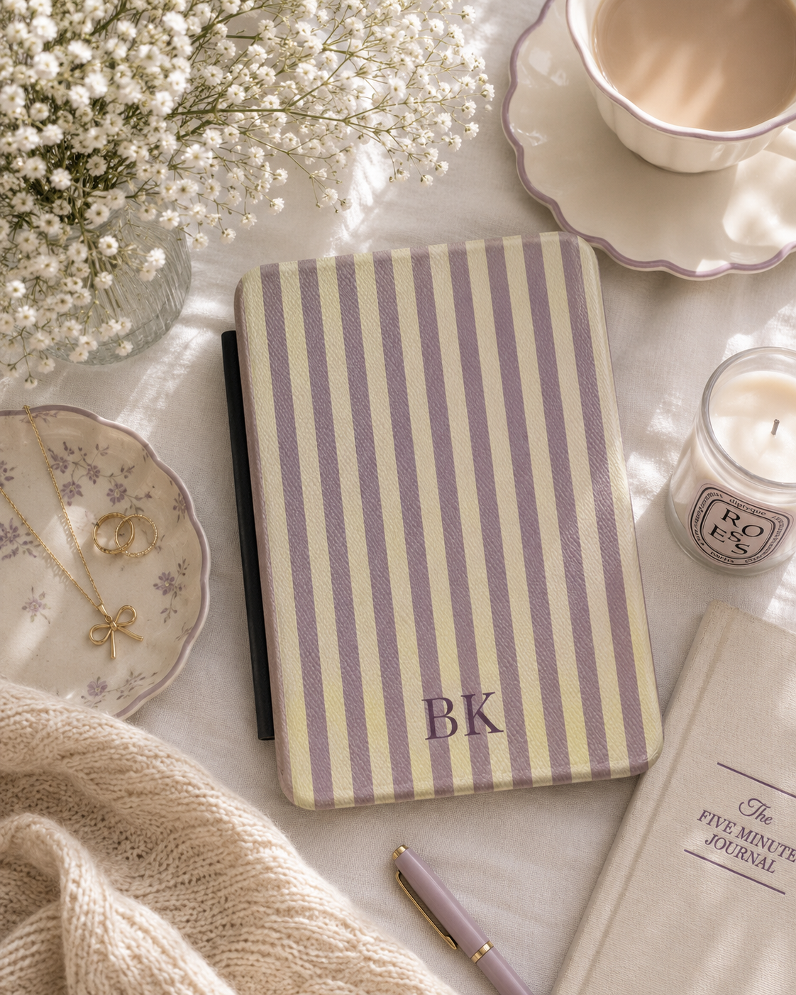 Personalised Mauve & Cream Stripe Kindle Case — Custom Initials