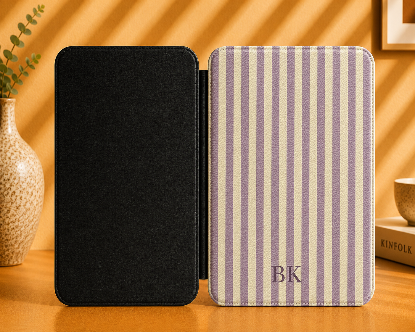 Personalised Mauve & Cream Stripe Kindle Case — Custom Initials