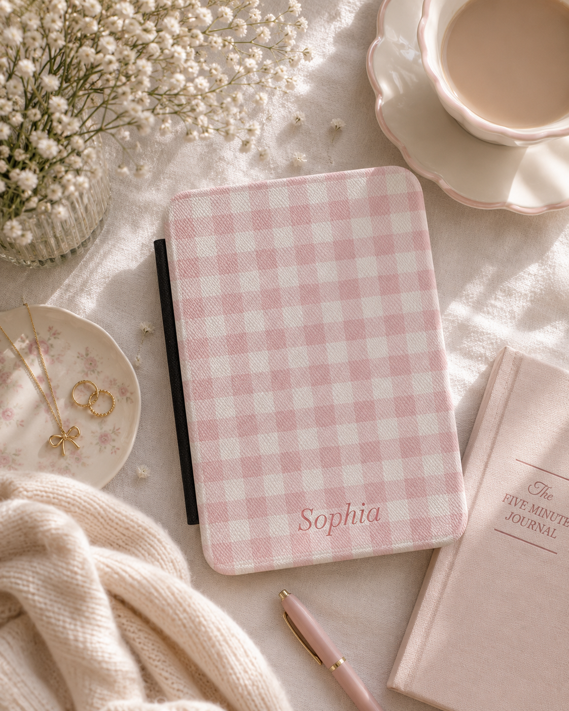 Personalised Pink Gingham Name Kindle Case — Custom Name