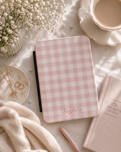 Personalised Pink Gingham Name Kindle Case — Custom Name
