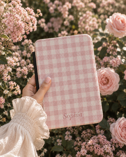 Personalised Pink Gingham Name Kindle Case — Custom Name
