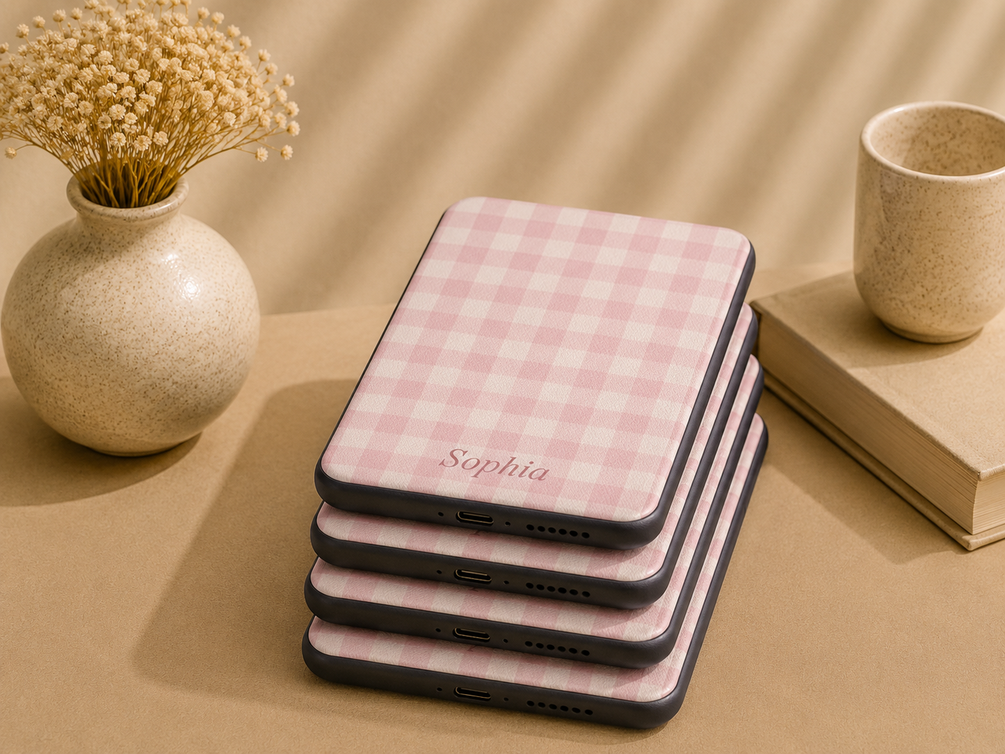 Personalised Pink Gingham Name Kindle Case — Custom Name