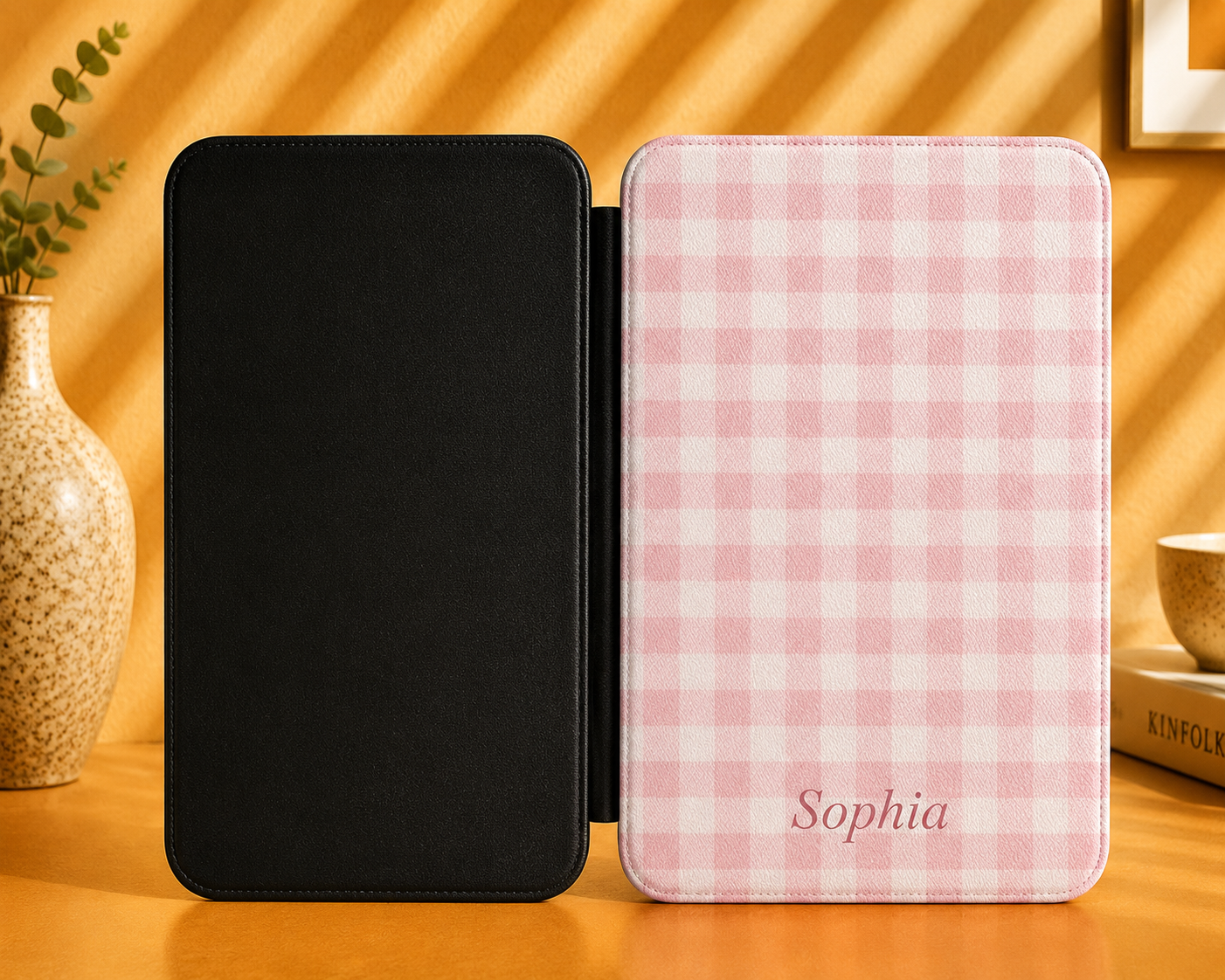 Personalised Pink Gingham Name Kindle Case — Custom Name