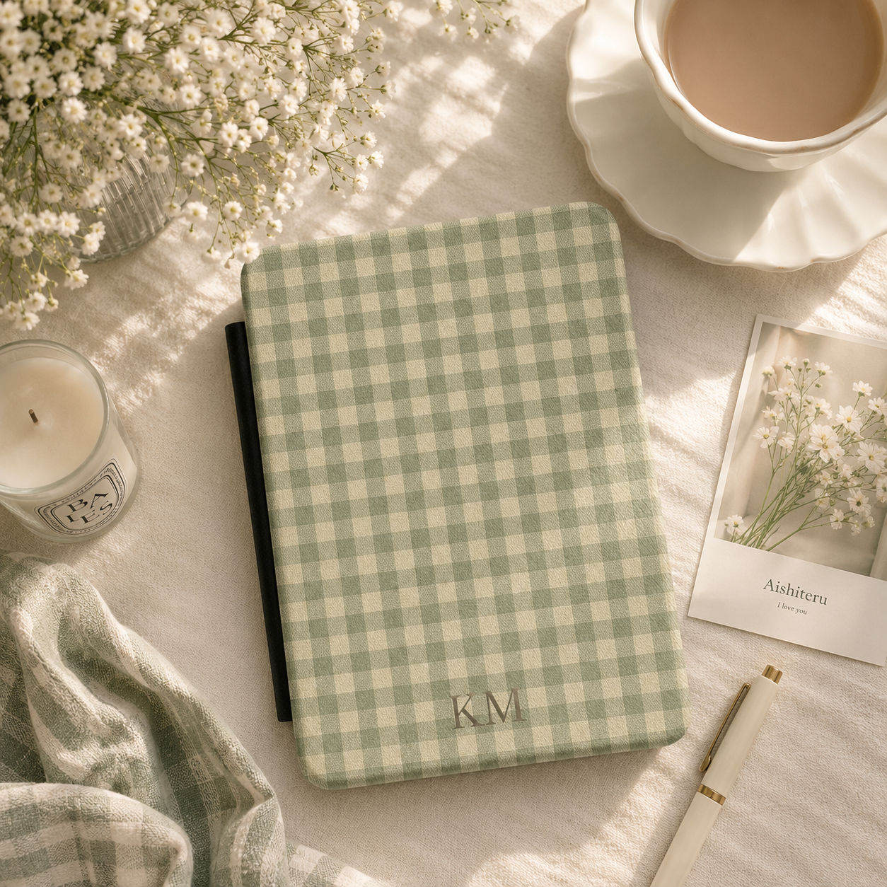 Personalised Sage Gingham Kindle Case — Custom Initials