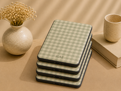 Personalised Sage Gingham Kindle Case — Custom Initials