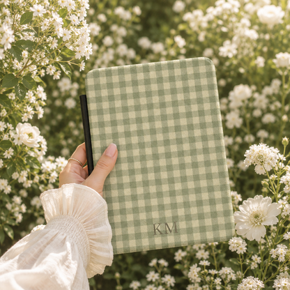 Personalised Sage Gingham Kindle Case — Custom Initials