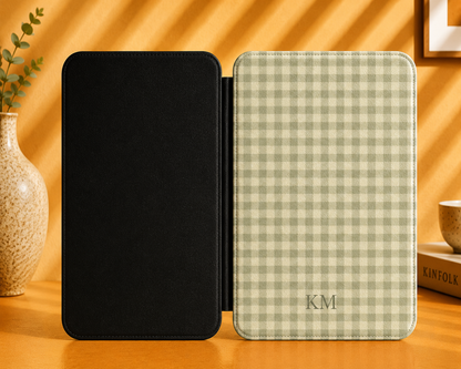 Personalised Sage Gingham Kindle Case — Custom Initials