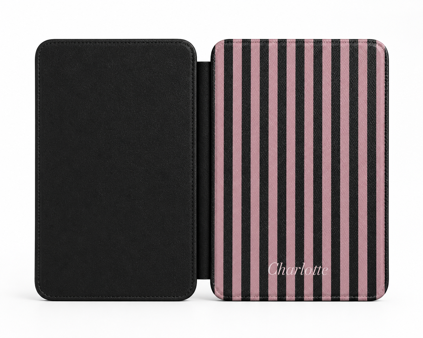 Personalised Pink & Black Stripe Name Kindle Case — Custom Name