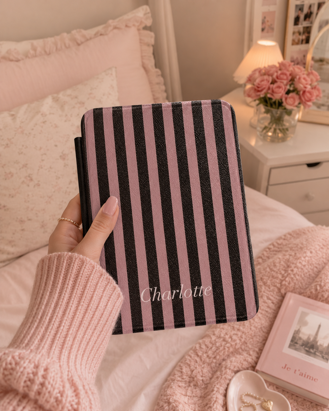 Personalised Pink & Black Stripe Name Kindle Case — Custom Name