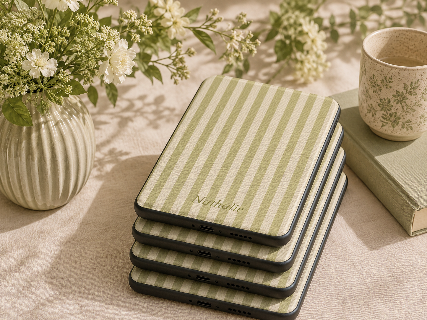 Personalised Olive Stripe Name Kindle Case — Custom Name