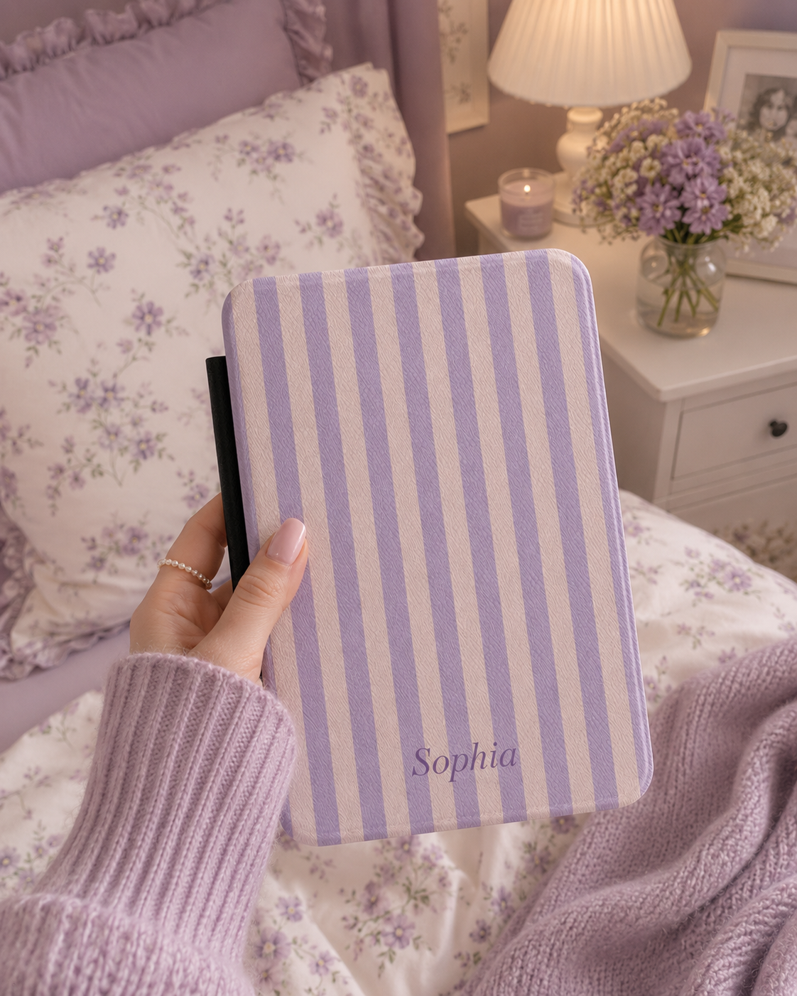 Personalised Lavender Stripe Name Kindle Case — Custom Name