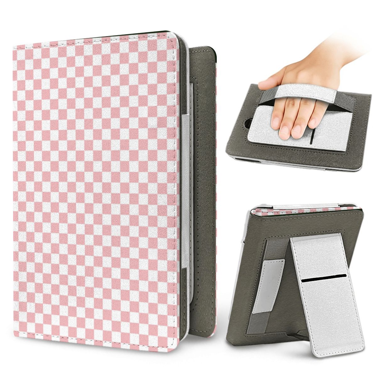 Blush Check Kindle case — elastic hand strap and fold-out stand on the back