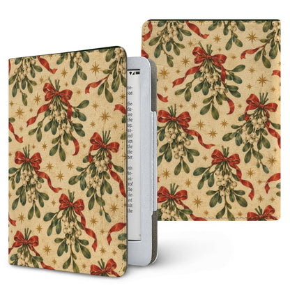 Mistletoe & Ribbons Kindle case — mistletoe sprigs tied with red ribbon bows on aged cream, printed front and back