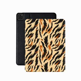 Painted tiger print iPad case in cream, rust and black vegan Saffiano leather — animal print folio