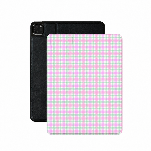 Pastel gingham iPad case in pink, mint and lilac check on vegan Saffiano leather