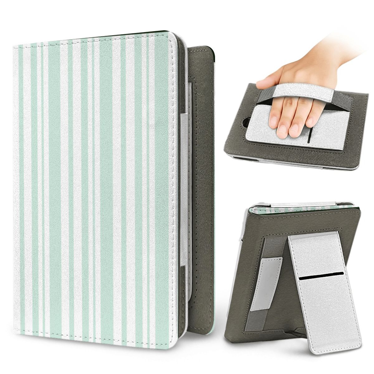 Mint Ticking Stripe Kindle case — elastic hand strap and fold-out stand on the back