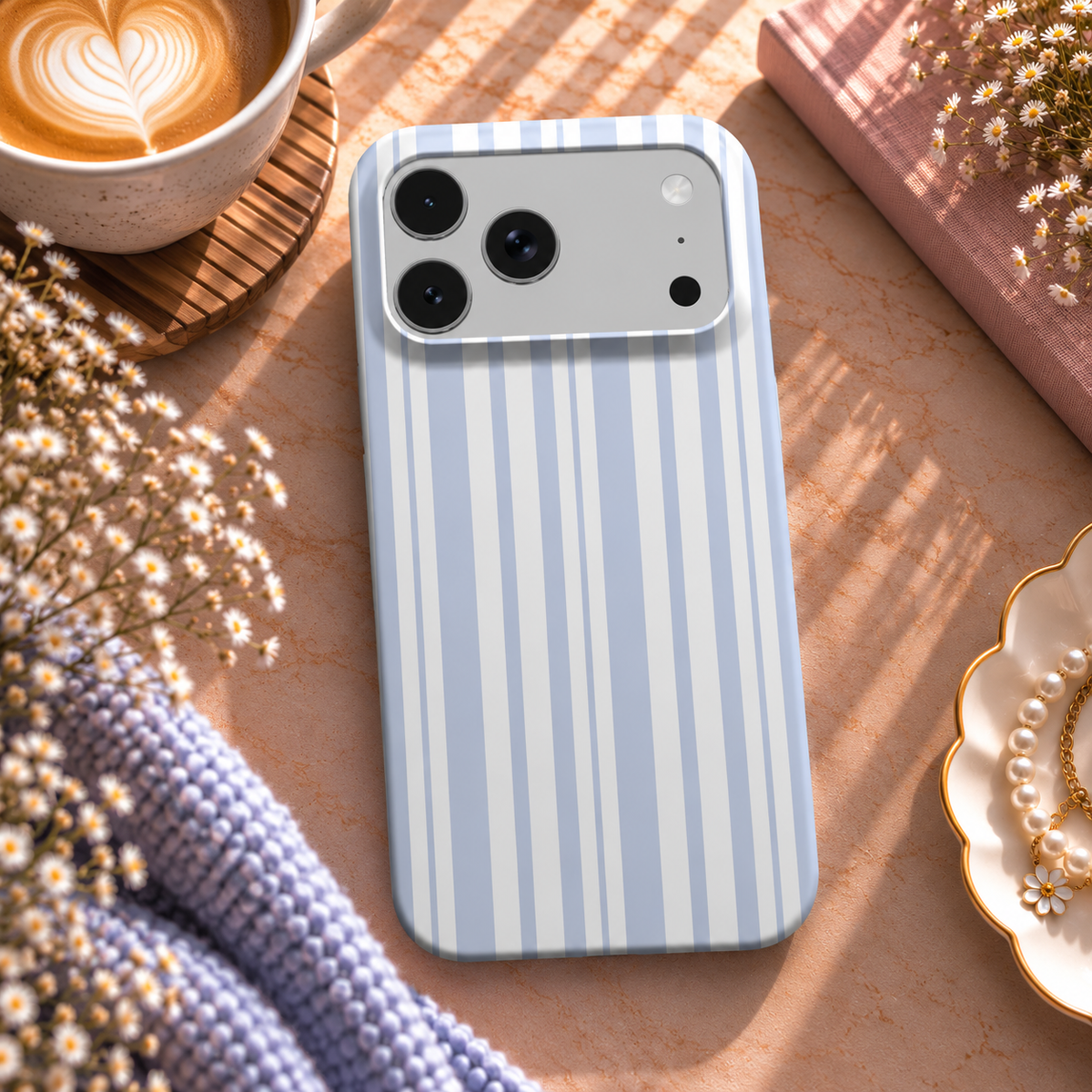 Periwinkle Ticking Stripe phone case – MagSafe iPhone case, lifestyle photo