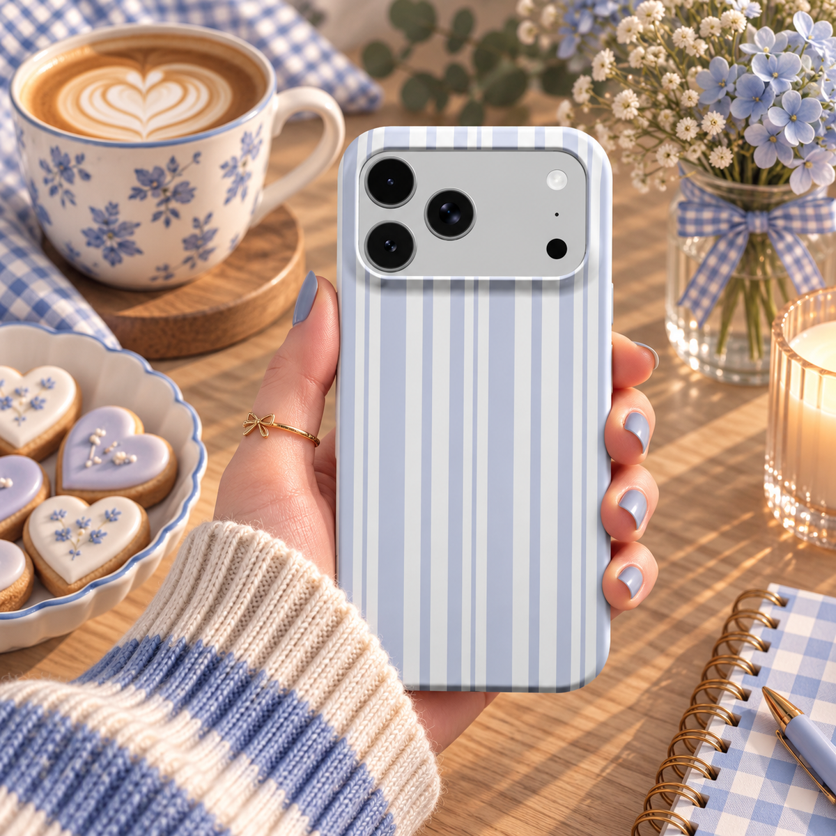 Periwinkle Ticking Stripe phone case – MagSafe iPhone case, styled photo