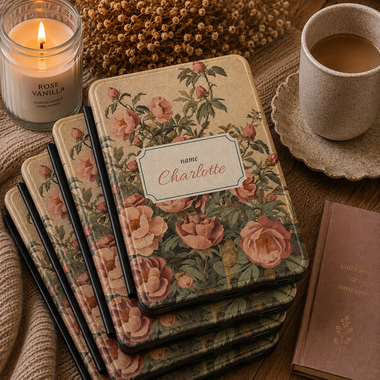 Personalised antique rose Kindle case shown at an angle
