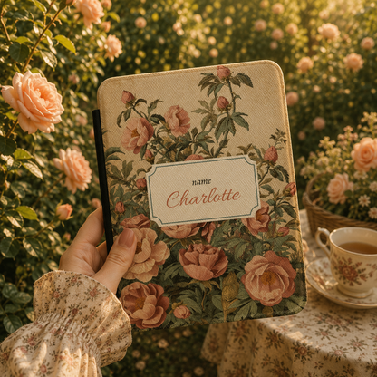 Close-up of antique rose Saffiano Kindle case with personalised name in framed cartouche