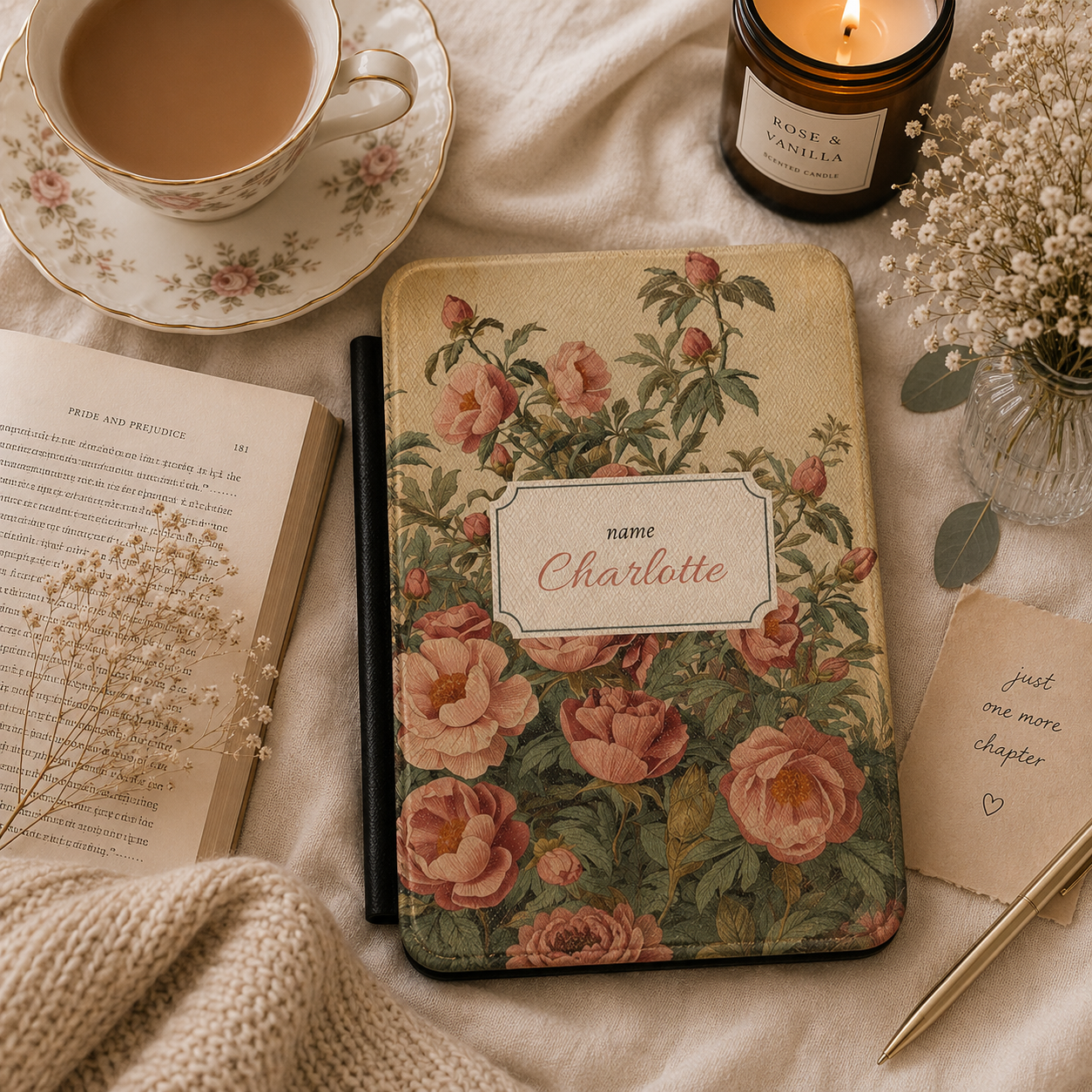 Personalised antique rose Kindle case front cover with name in framed cartouche