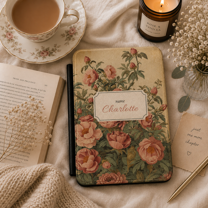 Personalised antique rose Kindle case front cover with name in framed cartouche